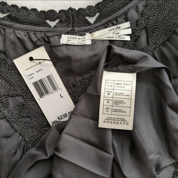 Leon Max Blouse 100% Silk Sleeveless Embroidered Sheer Overlay Lined Black L NWT - Picture 15 of 15